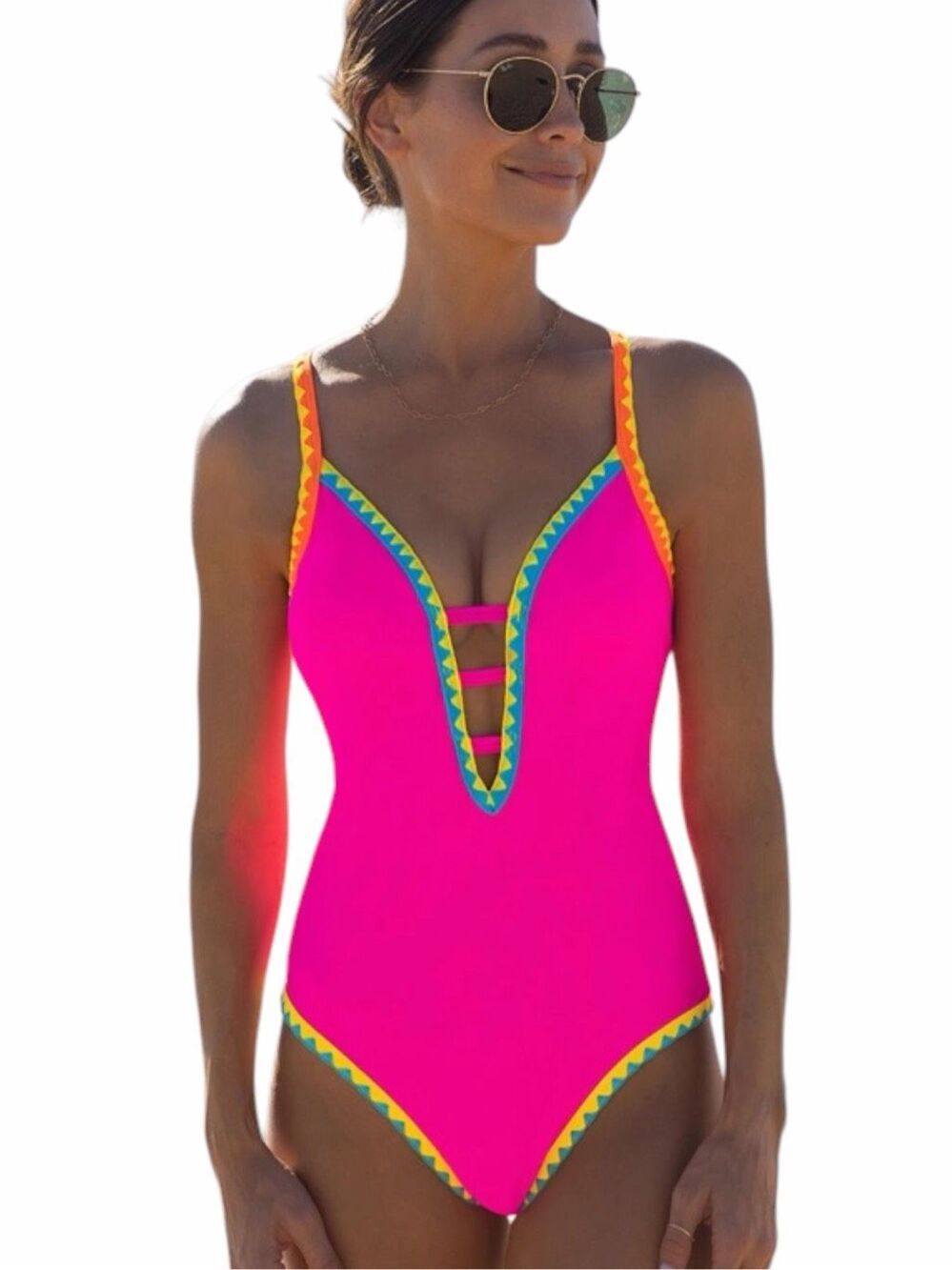 POPVIL Shell Trim Hot Pink Plunge Strappy Tie Back One Piece Swimsuit Large